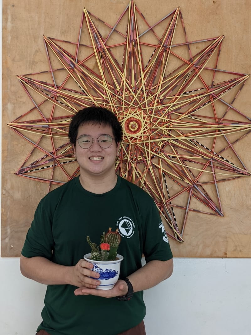 Young man with glasses in a green shirt holds a small cactus pot, standing before a colorful starburst string art.